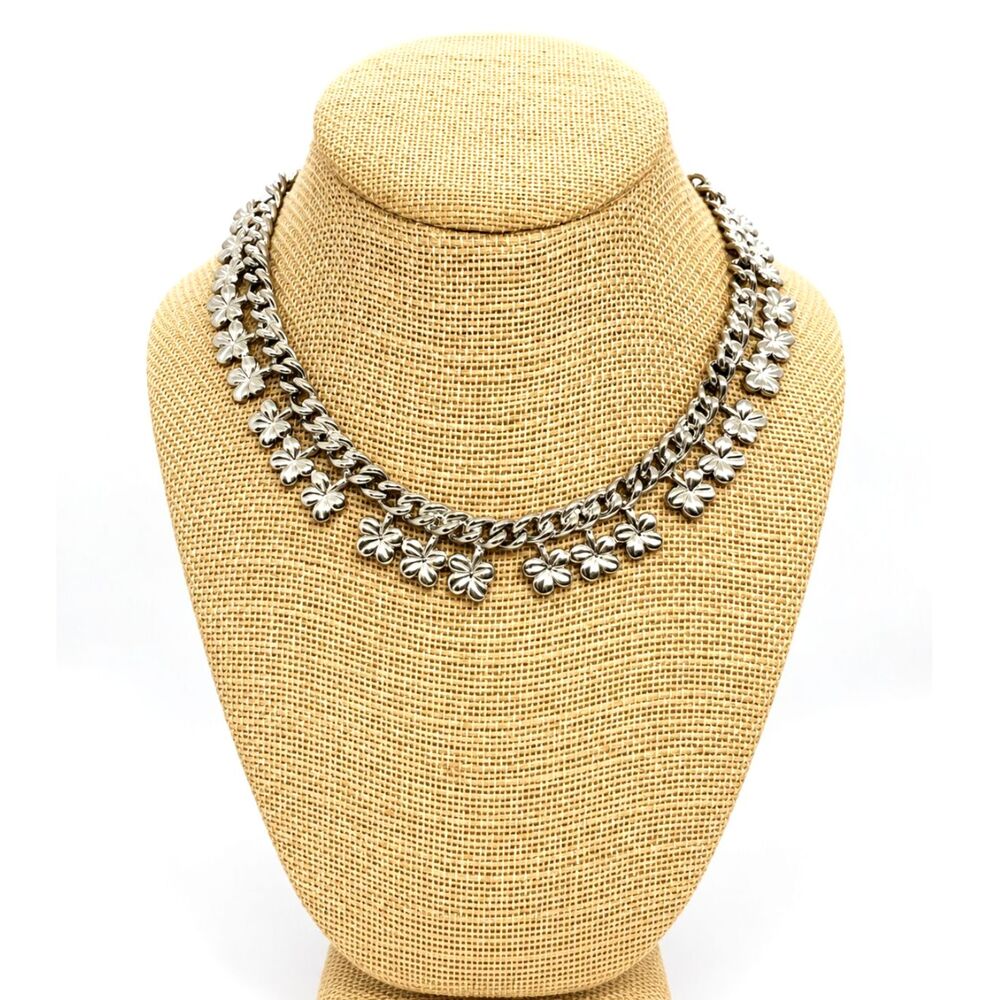Vintage Silver Tone Necklace Flower Chain Link Dangle Collar Choker Cottage